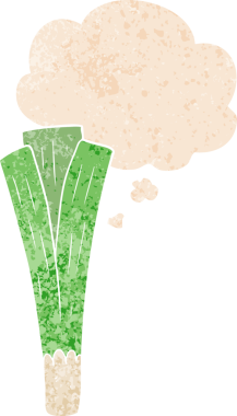 Düşünce baloncuklu pırasa çizgi film bir insan tarafından çizilmiş dertli retro dokuma tarzı