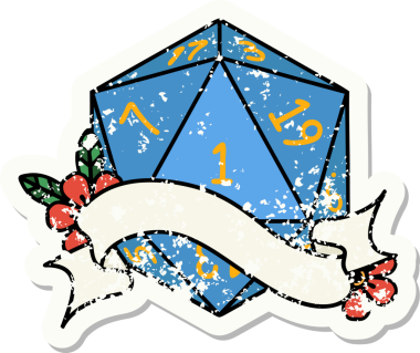 Bir insan tarafından çizilmiş doğal bir d20 zarının grunge çıkartması.