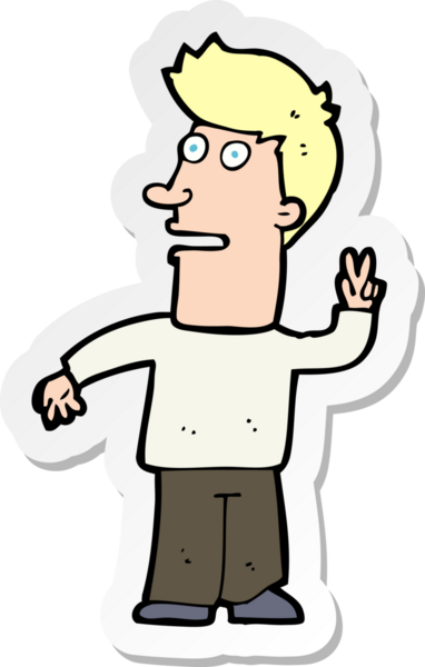 Bir insan tarafından çizilmiş barış işareti yapan bir çizgi film karakterinin çıkartması.