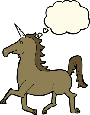 Bir insan tarafından çizilmiş düşünce baloncuklu tek boynuzlu at.