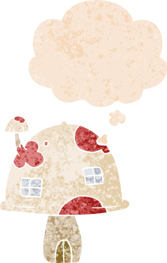 Düşünce baloncuklu karikatür mantarı grunge sıkıntılı retro dokuma tarzı bir insan tarafından çizilmiş