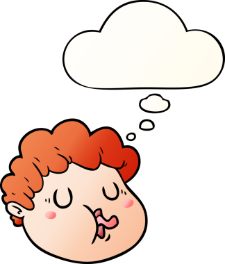 Düşünce baloncuğu olan çizgi film erkek yüzü bir insan tarafından çizilmiş.