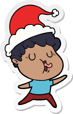 Bir insan tarafından çizilmiş Noel Baba şapkasıyla şarkı söyleyen bir adamın el yazısı.