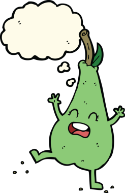 Bir insan tarafından çizilmiş düşünce baloncuğuyla dans eden mutlu bir armut.