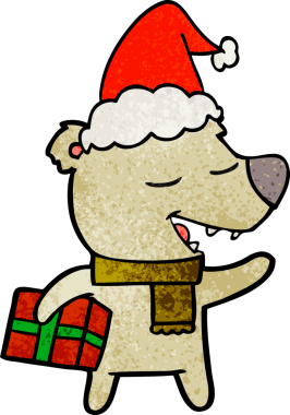 Bir insan tarafından çizilmiş Noel Baba şapkası giymiş bir ayının el çizimi karikatürü.