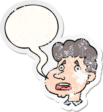 Karikatür adamı konuşma baloncuğuyla şok etti. Bir insan tarafından çizilmiş sıkıntılı eski bir çıkartma.