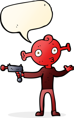 Bir insan tarafından çizilmiş, ışın tabancalı çizgi film uzaylısı.