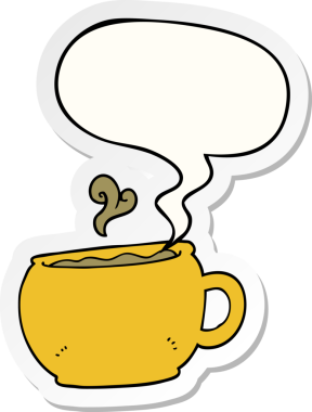 Bir insan tarafından çizilmiş konuşma balonu çıkartmalı çizgi film kahve fincanı.