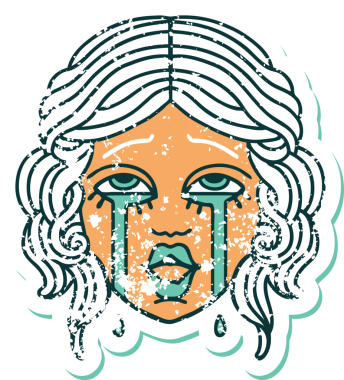 Bir insan tarafından çizilmiş çok mutlu, ağlayan bir kadın yüzünün sembolik, kederli dövme tarzı görüntüsü.