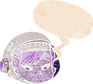 grunge 'da konuşma baloncuğu olan karikatür astronot yüzü bir insan tarafından çizilmiş tedirgin geçmiş dokuma tarzı