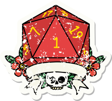 Bir insan tarafından çizilmiş doğal bir d20 zarının grunge çıkartması.