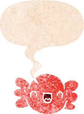 Şekerleme paketlenmiş, konuşma baloncuğu olan bir çizgi film. Bir insan tarafından çizilmiş, sıkıntılı, eski moda bir stil.