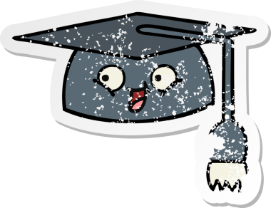 Bir insan tarafından çizilmiş şirin bir çizgi film mezuniyet şapkasının sıkıntılı çıkartması.