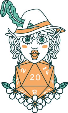 Retro Dövme Tarzı Elf karakteri Bir insan tarafından çizilmiş doğal yirmi zar ile