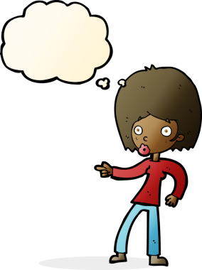 Bir insan tarafından çizilmiş düşünce balonuyla işaret eden çizgi film kadını.