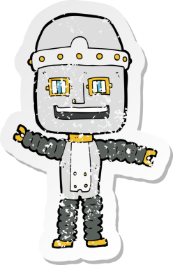 Bir insan tarafından çizilmiş sallanan robot çizgi filmin gerilimli yapıştırması.