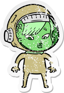 Bir insan tarafından çizilmiş karikatür astronot kadının sıkıntılı çıkartması.