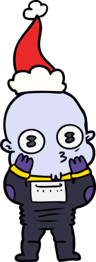 Bir insan tarafından çizilmiş Noel Baba şapkası giyen kel bir uzaylının el çizimi.