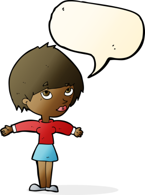 Bir insan tarafından çizilmiş konuşma balonlu açık kollu çizgi film kadını.