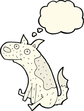 Bir insan tarafından çizilmiş düşünce baloncuğu ile oturan bir köpek.