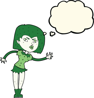 Bir insan tarafından çizilmiş düşünce balonlu vampir kız.