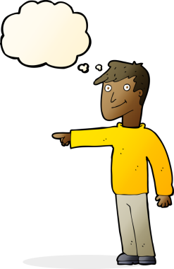 Bir insan tarafından çizilen düşünce baloncuğuyla işaret eden çizgi film adamı.