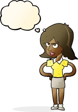 Elleri kalçasında bir insan tarafından çizilmiş düşünce baloncuğu olan karikatür hastası bir kadın.