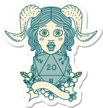 Bir insan tarafından çizilmiş doğal yirmi zarla yapıştırılmış bir etiket.