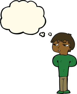 Bir insan tarafından çizilmiş düşünce balonu olan antisosyal çocuk çizgi filmi.