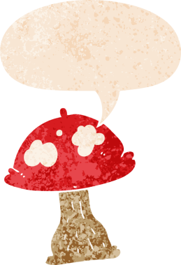 grunge 'da konuşma baloncuğu olan karikatür mantarı bir insan tarafından çizilmiş dertli retro dokuma tarzı