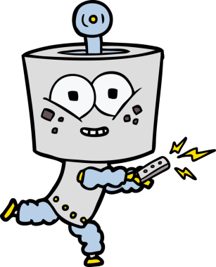 Bir insan tarafından çizilmiş uzaktan kumandalı mutlu çizgi film robotu.