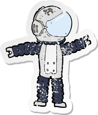 Bir insan tarafından çizilen karikatür astronotunun gerilimli retro yapıştırması