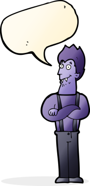 Bir insan tarafından çizilmiş konuşma balonlu mutlu vampir çizgi filmi.