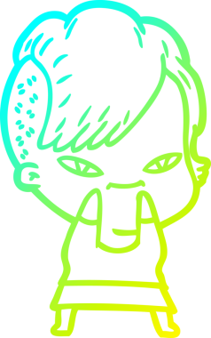 Hipster saç kesimi bir insan tarafından çizilmiş hoş bir çizgi film kızı çizimi.