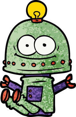 Bir insan tarafından çizilmiş ampullü mutlu karton robot.