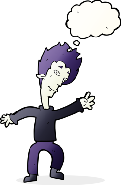 Bir insan tarafından çizilmiş düşünce balonlu cadılar bayramı vampiri çizgi filmi.