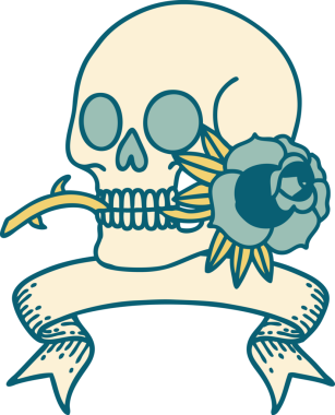 Geleneksel dövmeli kafatası ve bir insan tarafından çizilmiş gül.