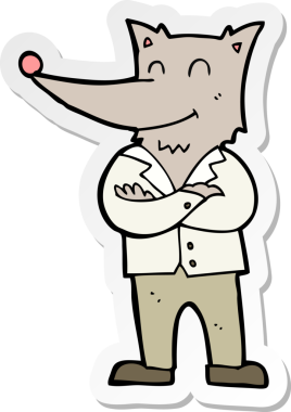 Bir insan tarafından çizilmiş tişörtlü bir kurt çizgi film etiketi.