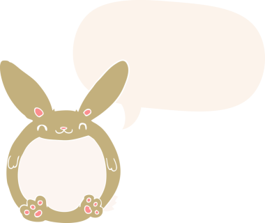 Konuşma baloncuklu çizgi film tavşanı insan tarafından çizilmiş.