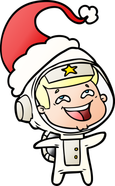 Bir insan tarafından çizilmiş Noel Baba şapkası giymiş gülen bir astronotun el çizimi.