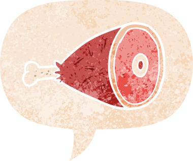 Bir insan tarafından çizilmiş grunge derili retro tarzı ile konuşma baloncuğu ile pişirilmiş et.