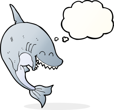 Bir insan tarafından çizilmiş düşünce baloncuklu çizgi film köpekbalığı.
