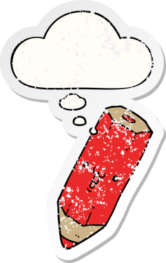 Mutlu çizgi film karakteri. Düşünce baloncuklu. Üzüntülü bir çıkartma.