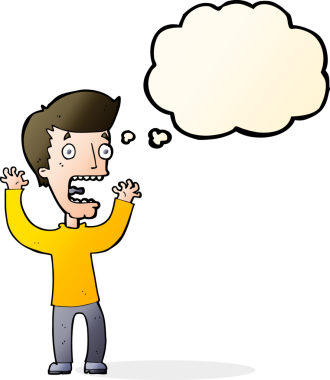 Bir insan tarafından çizilmiş düşünce baloncuğu olan korkmuş bir adam.