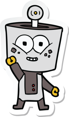 Bir insan tarafından çizilmiş mutlu bir robot robot el sallıyor.