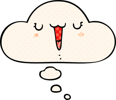 Bir insan tarafından çizilmiş çizgi roman tarzında düşünce baloncuğu olan sevimli mutlu çizgi film yüzü.