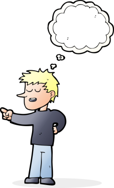 Bir insan tarafından çizilen düşünce baloncuğuyla işaret eden çizgi film adamı.