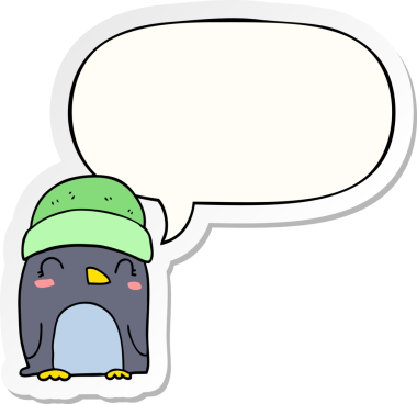 Bir insan tarafından çizilmiş konuşma kabarcığı çıkartmalı sevimli penguen.