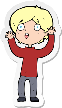 Çizgi film çıkartması. Bir insan tarafından çizilmiş korkmuş bir adam.