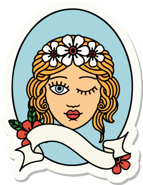 Bir insan tarafından çizilmiş çiçek taçlı bir bakirenin sancağıyla dövme stili çıkartması.